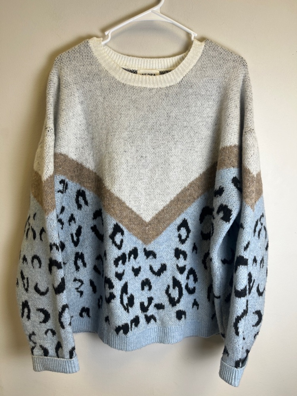 ADORA Light Blue Leopard-Print Crewneck Sweater with Cream & Tan Chevron